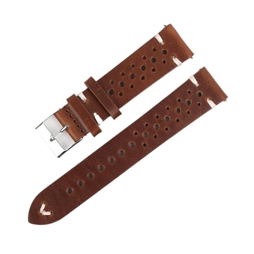 WTNZBAEM Rindsleder, handgefertigt, poröses Uhrenarmband, atmungsaktives Ölwachs-Uhrenarmband, 18 mm, 20 mm, 22 mm, 24 mm, Herren-Armbanduhr(Red brown wh-line,24mm) von WTNZBAEM