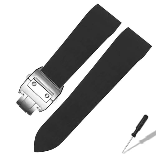 WTNZBAEM Wasserdichtes Silikonarmband, kompatibel mit Cartier Santos 100 W2020007, Gummibänder, 25 mm, Edelstahl-Faltschließe, schwarzes Armband(Black-steel) von WTNZBAEM