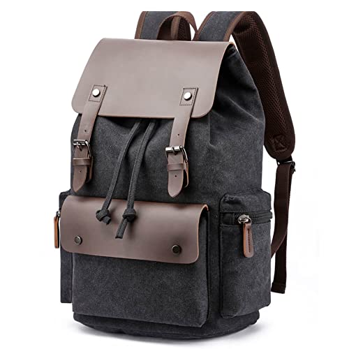 Vintage Canvas Rucksack Casual Daypacks Reiserucksack für Männer Frauen Laptop Rucksack College Schule Tasche Outdoor Wandern Camping, Schwarz von WTiger