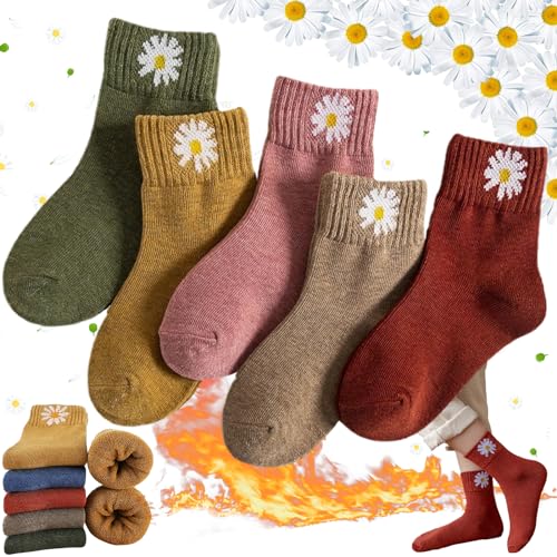 WTpin 5 Stück Damen Socken, Bunte Stricksocken Damen, Dicke Warme Winter Baumwollsocken, Stricksocken Damen, Baumwollsocken Damen 36-42 EU Multipack, Nikolaus Geschenke Mama Sie Mädchen(Chrysantheme) von WTpin