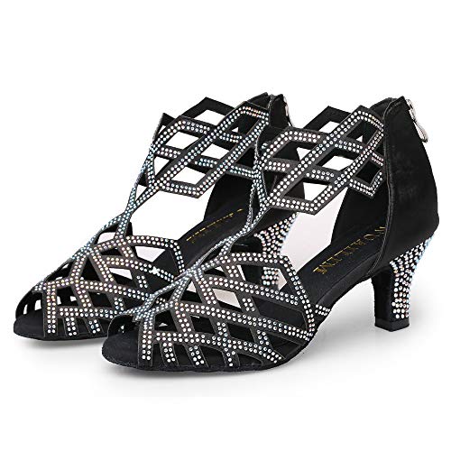 WUAILIM Damen Ballsaal Strass Tanzschuhe Latein Salsa Bachata Praxis Performance Tänzerin Schuhe, Schwarz-6 cm (2,36 Zoll) Absatz, 38.5 EU von WUAILIM