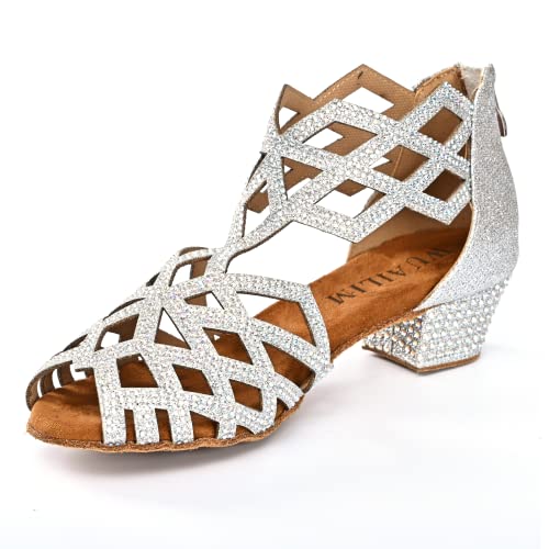 WUAILIM Damen Ballsaal Strass Tanzschuhe Latin Salsa Bachata Praxis Performance Tänzerin Schuhe, Glitzer Silber 3,8 cm Absatz, 40 EU von WUAILIM