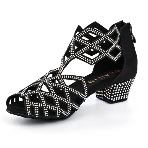 WUAILIM Damen Ballsaal Strass Tanzschuhe Latin Salsa Bachata Praxis Performance Tänzerschuhe, Schwarzer Satin-Absatz, 3,8 cm, 40 EU von WUAILIM