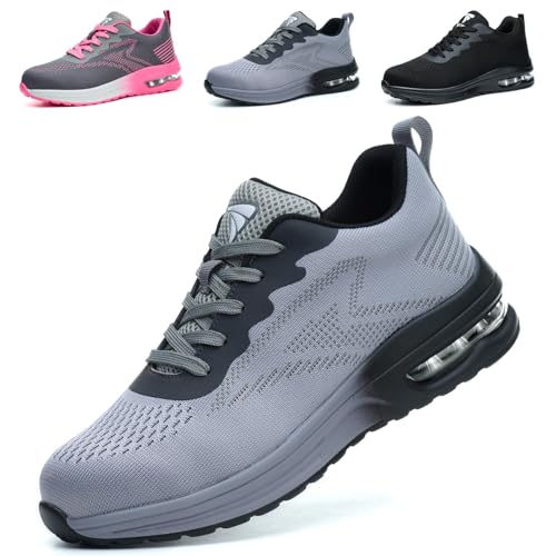 WUAYAMI Sicherheitsschuhe Arbeitsschuhe Herren Damen Leicht Atmungsaktiv Stahlkappenschuhe Sportlich Schutzschuhe rutschfeste mit Stahlkappe Sneaker, Grau, 36 EU von WUAYAMI
