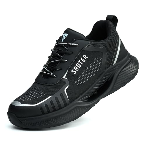 WUAYAMI Sicherheitsschuhe Herren Damen Arbeitsschuhe Leicht Atmungsaktiv Stahlkappenschuhe Sportlich Schutzschuhe rutschfeste mit Stahlkappe Unisex,Schwarz, 45 EU von WUAYAMI