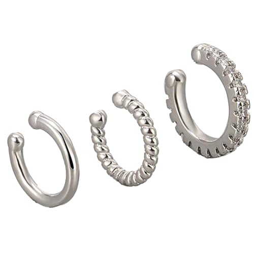 WUBAYI 3 Stück Sterling Silber Ohrmanschetten Set, gedrehtes Seil und Kristall Design, nicht durchbohrt von WUBAYI