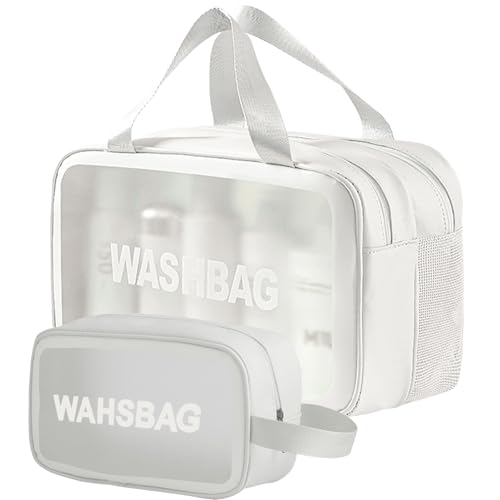 Transparente Kulturbeutel für Damen, Reise-Kulturbeutel, Kulturbeutel mit Griffen, Nass- und Trockentrennung, große Kapazität, PVC-Make-up-Tasche für Mädchen, 2 Stück, weiß, Reise-Kulturbeutel mit Transparente Kulturbeutel für Damen, Reise-Kulturbeutel, Kulturbeutel mit Griffen, Nass- und Trockentrennung, große Kapazität, PVC-Make-up-Tasche für Mädchen, 2 Stück, weiß, Reise-Kulturbeutel mit von WUDEUI
