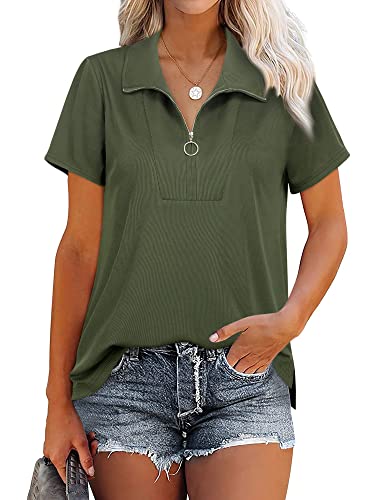 Damen Poloshirt V-Ausschnitt Kurzarm Bluse Reißverschluss Oberteile Tunika Sports Hemd Casual T-Shirt mit Kragen,Grün,S von WUDODO
