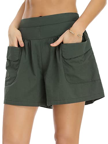 WUDODO Damen Baumwolle Shorts Gummiband Hotpants Sommer Weite Kurze Hosen Freizeit Sommershorts mit Taschen,Grün,S von WUDODO