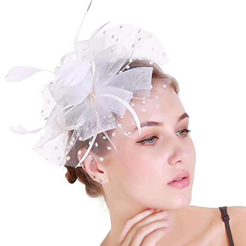 Damen Fascinator Hut Gefieder Stirnband Fascinator Blumen Netz Spitzen Clip Hut Feder Haarschmuck Kopfbedeckung für Party Kirche Hochzeit Cocktail Jockey Club Fascinator - Weiß von WUERKIYA
