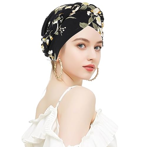 Damen Turban Hut Haarschal Muslimische Frauen Kopftuch für Haarausfall Krebs Chemo Beanie - Schwarze Blätter von WUERKIYA