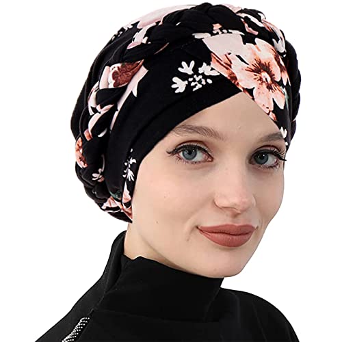 Damen Turban Hut Haarschal Muslimische Frauen Kopftuch für Haarausfall Krebs Chemo Beanie - Schwarze Blume von WUERKIYA