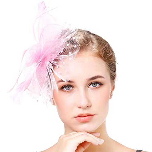 Fascinator Hut Blume Mesh Federn Haarschmuck, Damen Fascinator Hut Gefieder Stirnband Fascinator Blumen Netz Spitzen Clip Hut Feder Haarschmuck Kopfbedeckung für Party Kirche Hochzeit Cocktail - Rosa von WUERKIYA