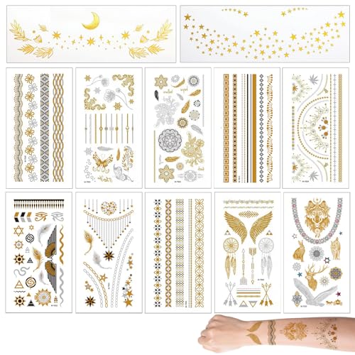 Goldene temporäre Tattoos Set Damen Kinder Erwachsene – Metallic Flash Tattoo Aufkleber für Gesicht & Körper – 12 Stück – Wasserfest, Hautfreundlich, Modeaccessoire von WUERKIYA