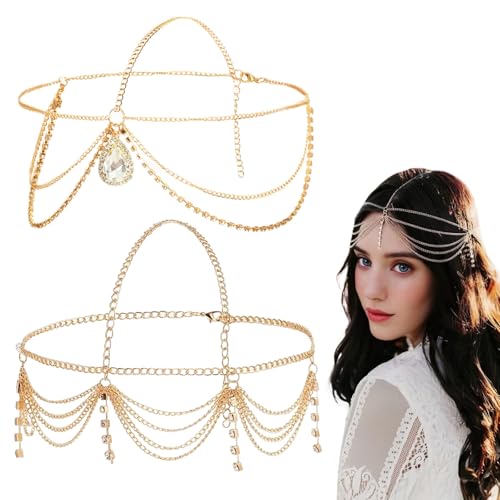 Kopfschmuck Damen Stirnband Boho Style Gold Haarband Verstellbar 2 Stück Elegant Glitzer Accessoires von WUERKIYA