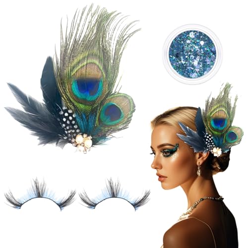 Pfau Kopfschmuck und Künstliche Wimpern Set – Prächtiges Pfau Kostüm Damen Zubehör, Ideale Ergänzung für Jedes Der Pfau Themen Outfit – Auffällige Fascinator und Falsche Wimpern von WUERKIYA