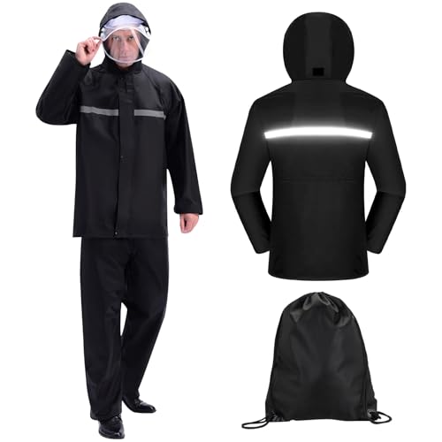 Regenanzug Reflektierender 100% Wasserdichter, Lange Regenjacke Herren Wasserdicht Atmungsaktiv mit Kapuze Packbar Regenmantel, Wiederverwendbare Unisex für Backpacking Camping Outdoors, Einheitsgröße von WUERKIYA