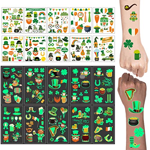 St. Patrick's Day Tattoo Aufkleber 20 Blätter Tattoo Kinder 216 Pcs Leuchtendes Temporäre Tattoo Set Wasserdicht Tattoos Stickers für Erwachsene Kinder St. Patrick's Day Accessories Dekorationen von WUERKIYA