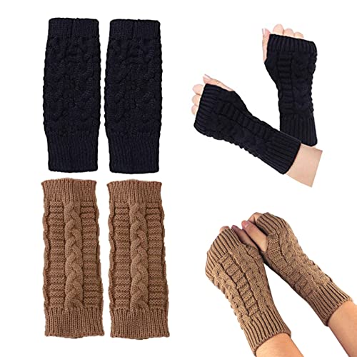 2 Paar Fingerlose Handschuhe Winter Armstulpen Pulswärmer Stricken Damen Winter Halb Fingerhandschuhe Winterhandschuhe Wärmer Strick Kurzer Gestrickte Fingerlose Fäustlinge -Schwarz + Braun von WUERKIYA