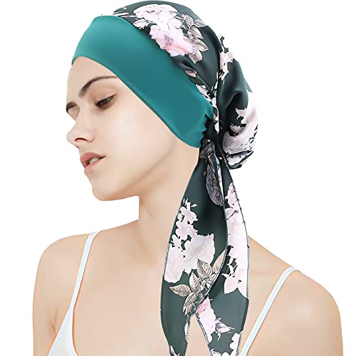 WUERKIYA Frauen Chemo Hut Turban Beanie, Kopftuch für Frauen Kopfbedeckung Damen Chemo Kopfbedeckung Im Voraus Gebunden Set Plissiert Headwrap Schals Gap Mütze Damen -Grüne Blume von WUERKIYA