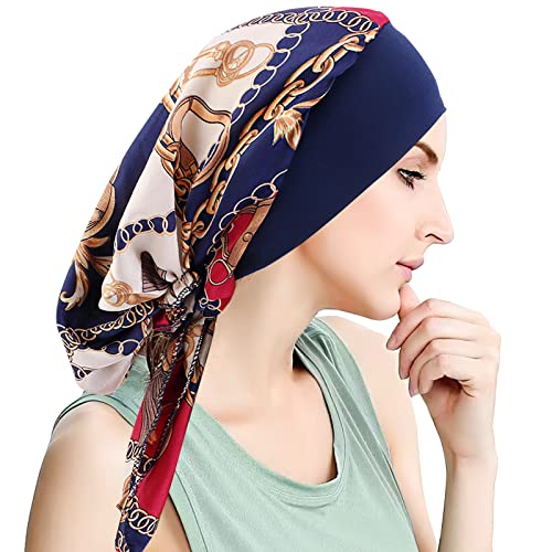 WUERKIYA Frauen Chemo Hut Turban Beanie, Kopftuch für Frauen Kopfbedeckung Damen Chemo Kopfbedeckung Im Voraus Gebunden Set Plissiert Headwrap Schals Gap Mütze Damen -Kette dunkelblau von WUERKIYA
