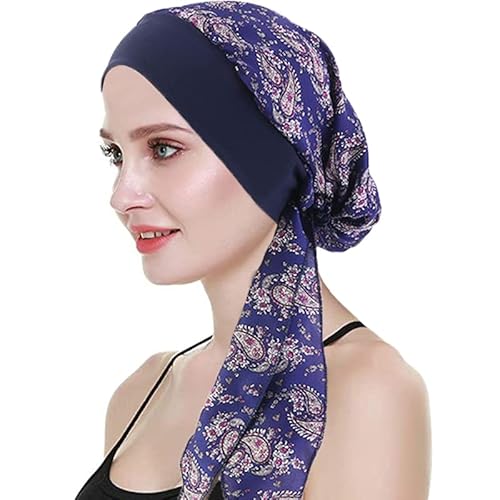 WUERKIYA Kopftuch für Frauen Kopfbedeckung Damen Chemo Kopfbedeckung Im Voraus Gebunden Set Plissiert Headwrap Schals Gap Mütze Damen -Amöbe dunkelblau von WUERKIYA