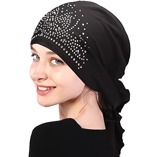 WUERKIYA Kopftuch für Frauen Kopfbedeckung Damen Chemo Kopfbedeckung Im Voraus Gebunden Set Plissiert Headwrap Schals Gap Mütze Damen -Schwarz von WUERKIYA