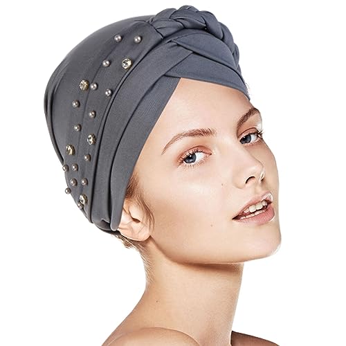 WUERKIYA Turbane für Frauen Baumwolle Chemo Hüte Soft Caps Haarwickel Plissee Turban Cap Beanie Schlafmützen - Grau von WUERKIYA