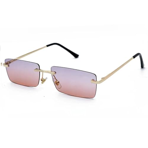 WUFANGBU Sonnenbrille Herren Damen Kleine Randlose Sonnenbrille Damen Mode Rechteck Sonnenbrille Damen Herren Uv400 Brillen Gold-Blau-Rosa von WUFANGBU