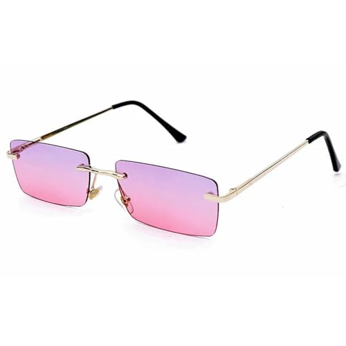 WUFANGBU Sonnenbrille Herren Damen Kleine Randlose Sonnenbrille Damen Mode Rechteck Sonnenbrille Damen Herren Uv400 Brillen Gold-Lila-Rosa von WUFANGBU