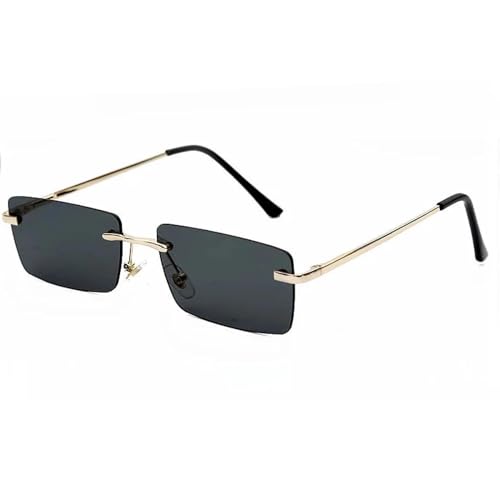 WUFANGBU Sonnenbrille Herren Damen Kleine Randlose Sonnenbrille Damen Mode Rechteck Sonnenbrille Damen Herren Uv400 Brillen Gold-Schwarz von WUFANGBU