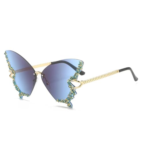 WUFANGBU Sonnenbrille Herren Glänzende Schmetterlings-Sonnenbrille Für Damen Randlose Sonnenbrille Herren-Trends Punk-Strass-Töne Weibliche Brillen Uv400 Graublau von WUFANGBU