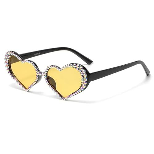 WUFANGBU Sonnenbrille Herren Herzförmige Diamant-Sonnenbrille Für Damen Glänzende Strass-Sonnenbrille Weiblich Kleiner Rahmen Uv400-Brille Schwarz-Gelb von WUFANGBU