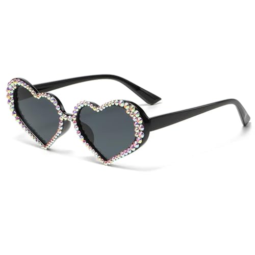 WUFANGBU Sonnenbrille Herren Herzförmige Diamant-Sonnenbrille Für Damen Glänzende Strass-Sonnenbrille Weiblich Kleiner Rahmen Uv400-Brille Schwarz-Schwarz von WUFANGBU