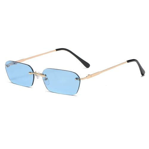 WUFANGBU Sonnenbrille Herren Kleine Rechteckige Randlose Sonnenbrille Für Damen Quadratisch Vintage-Sonnenbrille Herren Retro Trendiges Farbverlaufsglas Blau von WUFANGBU