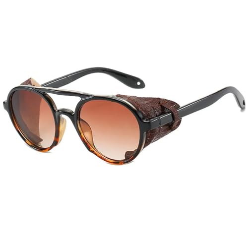 WUFANGBU Sonnenbrille Herren Männer Steampunk Sonnenbrille Für Männer Leder Punk Runde Sonnenbrille Frauen Vintage Shades Uv400 Schwarz-Leopard von WUFANGBU