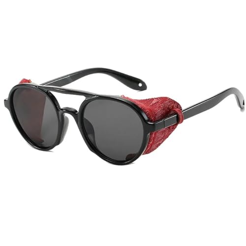 WUFANGBU Sonnenbrille Herren Männer Steampunk Sonnenbrille Für Männer Leder Punk Runde Sonnenbrille Frauen Vintage Shades Uv400 Schwarz-Rot von WUFANGBU