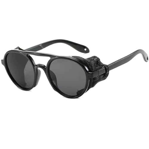 WUFANGBU Sonnenbrille Herren Männer Steampunk Sonnenbrille Für Männer Leder Punk Runde Sonnenbrille Frauen Vintage Shades Uv400 Schwarz-Schwarz von WUFANGBU