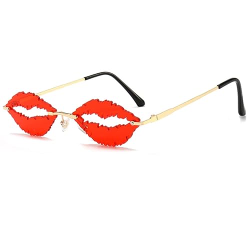 WUFANGBU Sonnenbrille Herren Mode Randlose Sonnenbrille Frauen Einzigartige Lippen Form Gläser Kristall Ozean Objektiv Sonnenbrille Männer Shades Uv400 C7Gold-Rot von WUFANGBU