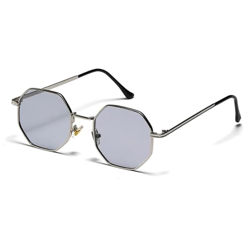 WUFANGBU Sonnenbrille Herren Retro-Sonnenbrille Mit Metallrahmen Sechseckig Modisch Roségold Verspiegelt Uv400 Silber Hellgrau von WUFANGBU