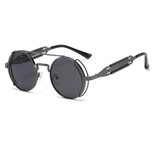 WUFANGBU Sonnenbrille Herren Steampunk Runde Sonnenbrille Herren Metallrahmen Sonnenbrille Damen Spiegel Persönlichkeit Frühlingsbrille Uv400 Gun-Schwarz von WUFANGBU