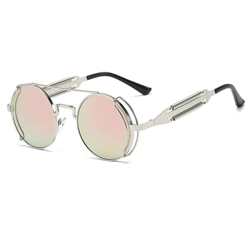 WUFANGBU Sonnenbrille Herren Steampunk Runde Sonnenbrille Herren Metallrahmen Sonnenbrille Damen Spiegel Persönlichkeit Frühlingsbrille Uv400 Silber-Rosa von WUFANGBU