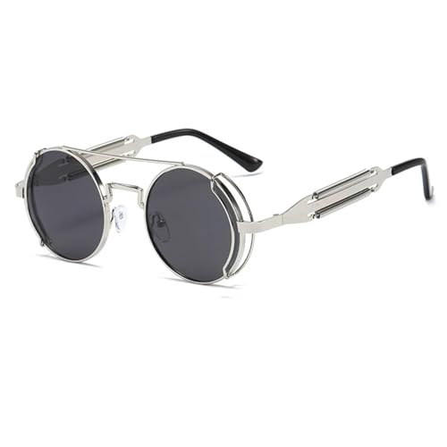 WUFANGBU Sonnenbrille Herren Steampunk Runde Sonnenbrille Herren Metallrahmen Sonnenbrille Damen Spiegel Persönlichkeit Frühlingsbrille Uv400 Silber-Schwarz von WUFANGBU