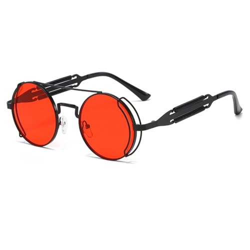 WUFANGBU Sonnenbrille Herren Steampunk Runde Sonnenbrille Männer Metallrahmen Sonnenbrille Frauen Spiegel Persönlichkeit Frühling Brille Uv400 Schwarz-Rot von WUFANGBU