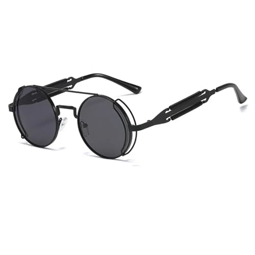 WUFANGBU Sonnenbrille Herren Steampunk Runde Sonnenbrille Männer Metallrahmen Sonnenbrille Frauen Spiegel Persönlichkeit Frühlingsbrille Uv400 Schwarz-Schwarz von WUFANGBU