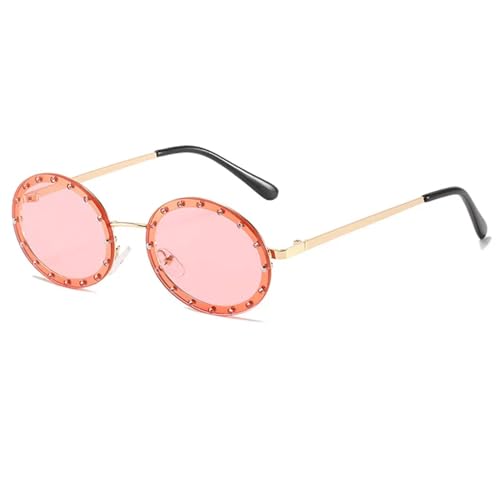 WUFANGBU Sonnenbrille Herren Strass Randlose Runde Sonnenbrille Damen Mode Metallrahmen Sonnenbrille Weiblich Vintage Shades Uv400 Gold-Rosa von WUFANGBU