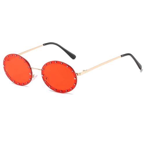 WUFANGBU Sonnenbrille Herren Strass Randlose Runde Sonnenbrille Damen Mode Metallrahmen Sonnenbrille Weiblich Vintage Shades Uv400 Gold-Rot von WUFANGBU