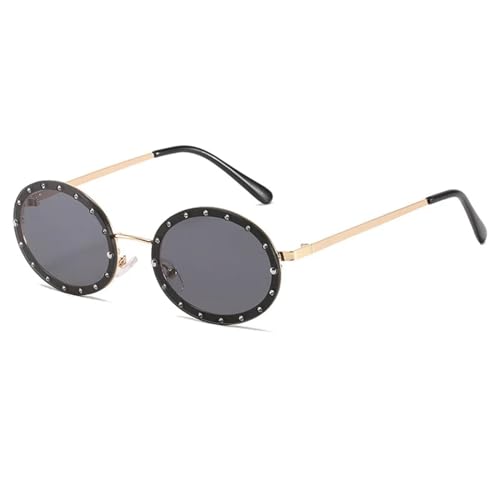 WUFANGBU Sonnenbrille Herren Strass Randlose Runde Sonnenbrille Damen Mode Metallrahmen Sonnenbrille Weiblich Vintage Shades Uv400 Gold-Schwarz von WUFANGBU