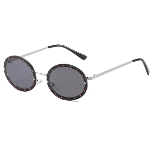 WUFANGBU Sonnenbrille Herren Strass Randlose Runde Sonnenbrille Damen Mode Metallrahmen Sonnenbrille Weiblich Vintage Shades Uv400 Silber-Schwarz von WUFANGBU