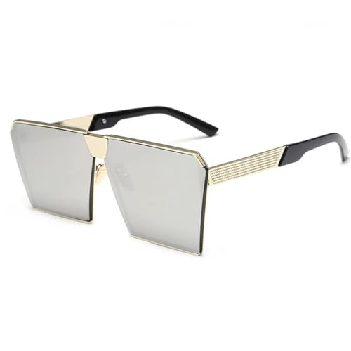 WUFANGBU Sonnenbrille Herren Übergroße Sonnenbrille Mit Metallrahmen Quadratisch Für Damen Spiegel Sonnenbrille Für Herren Uv400 Großer Rahmen Sonnenbrille C4Silver von WUFANGBU